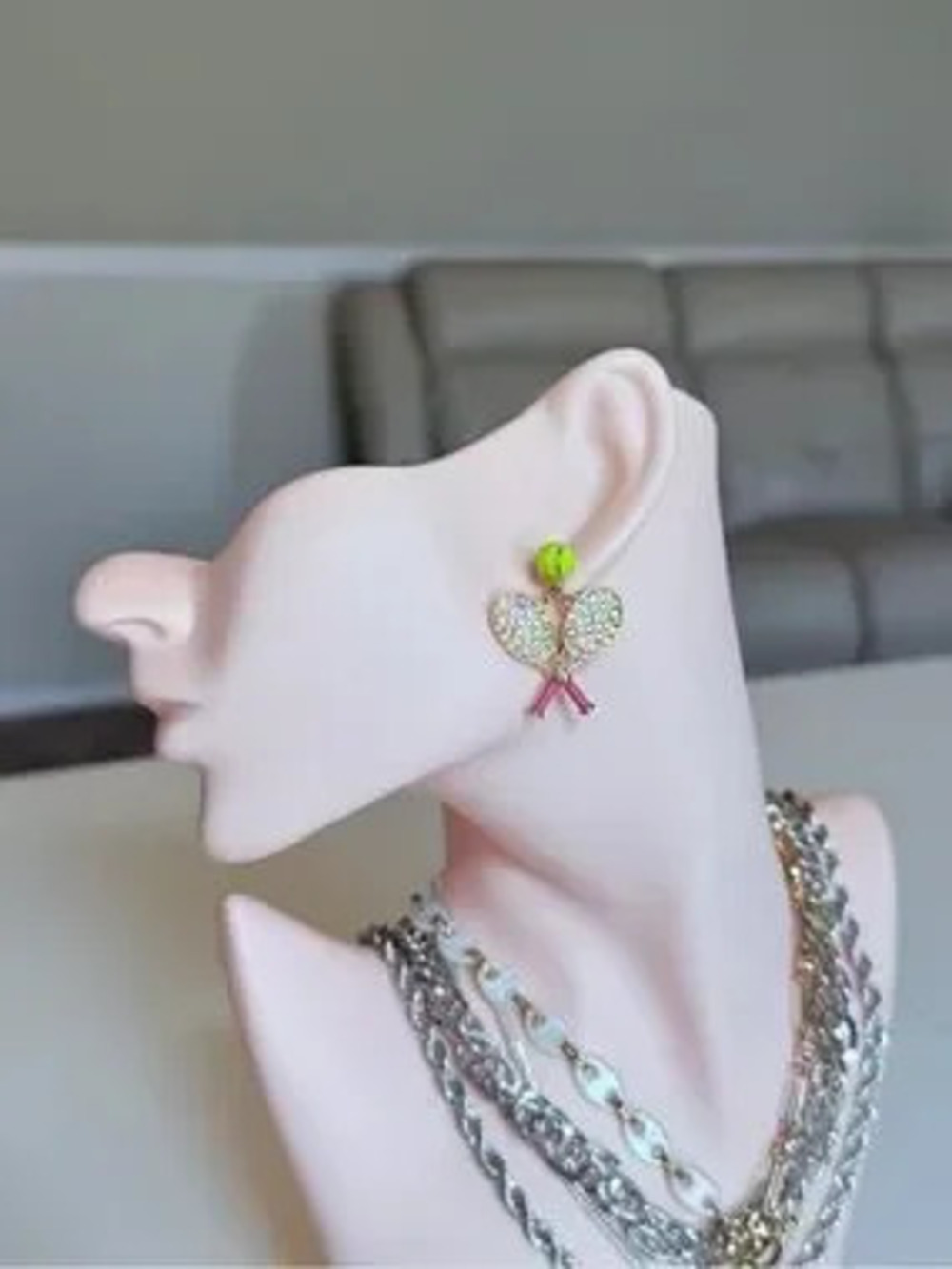 Crystal Tennis Racket Drop Earrings in Lime and Pink